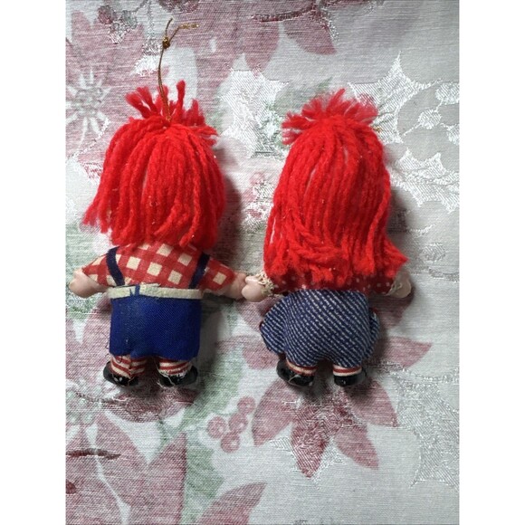 Vtg Raggedy Ann & Andy Style Set Of 2 Rag Doll Ornaments Japan Plastic Yarn Doll - Picture 2 of 8